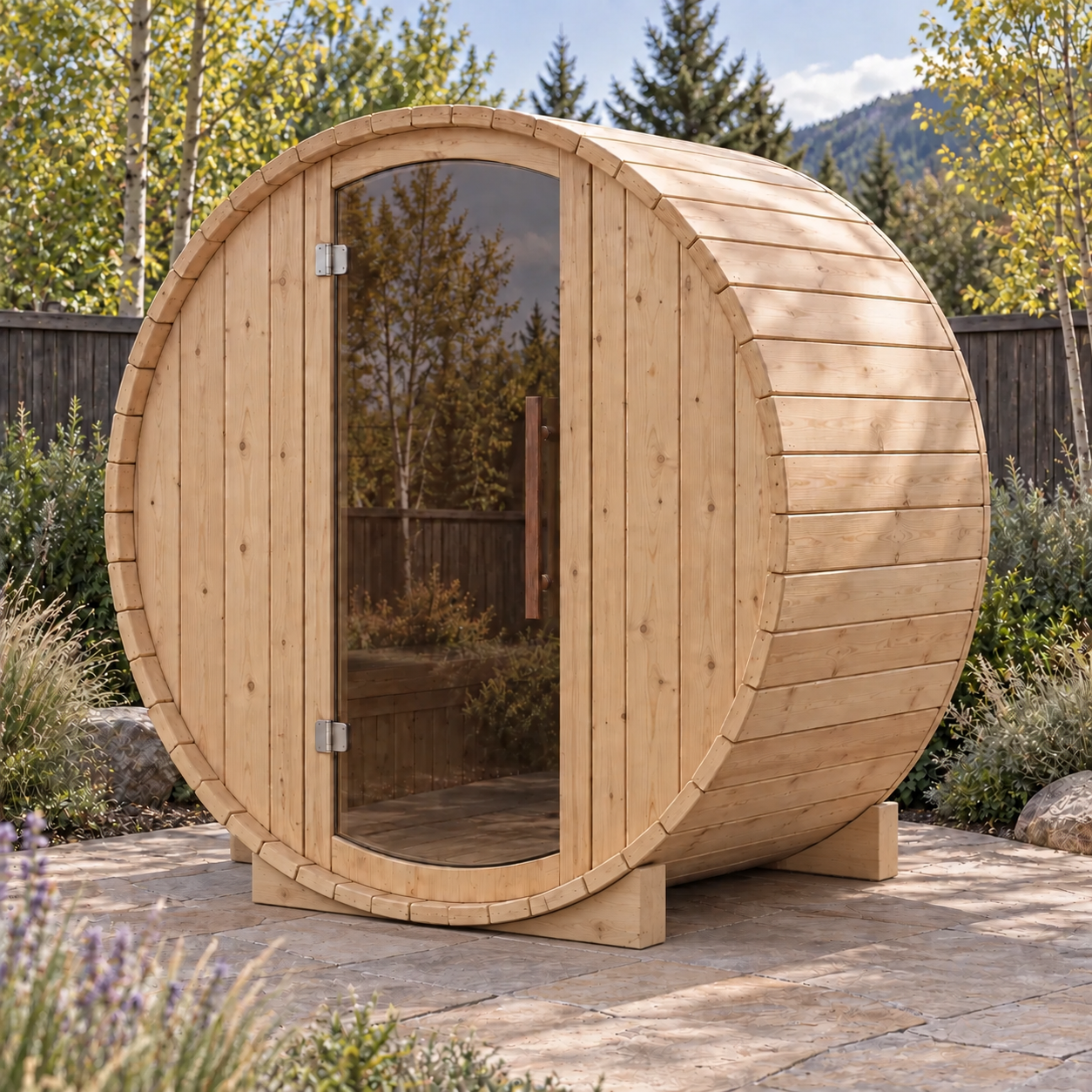 Illustration of Saunart Local in pale Engelmann Spruce with an arched glass door in a Colorado garden
