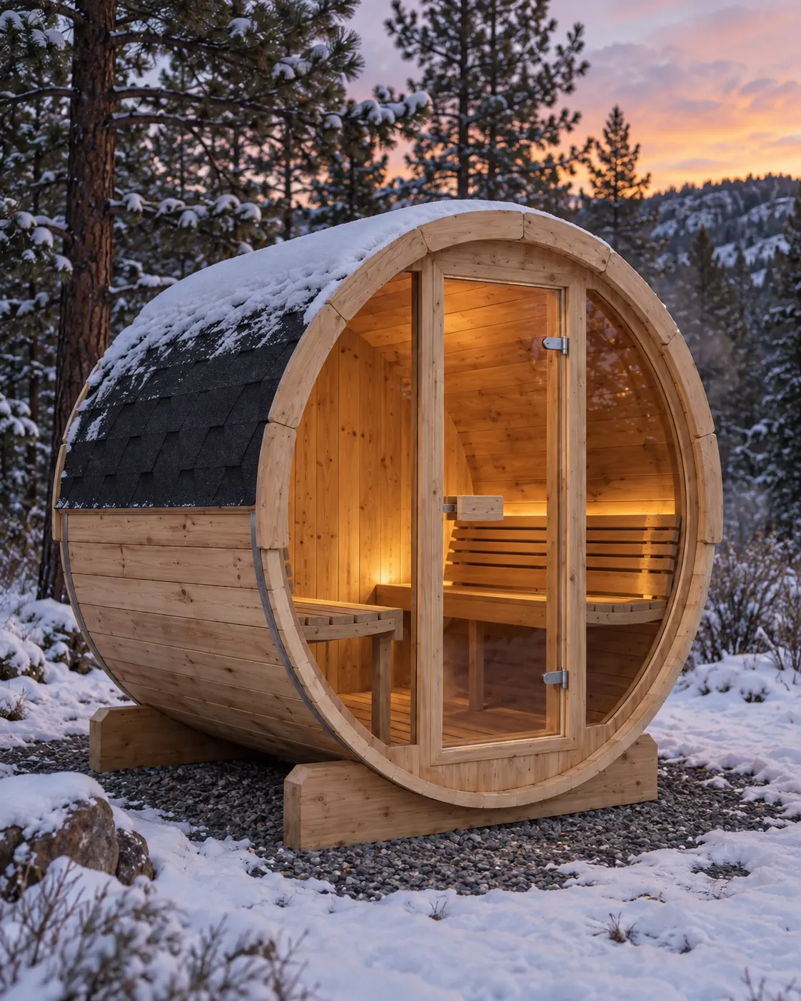 Illustration of a glass-front barrel sauna glowing warm among snowy ponderosa pines at dusk