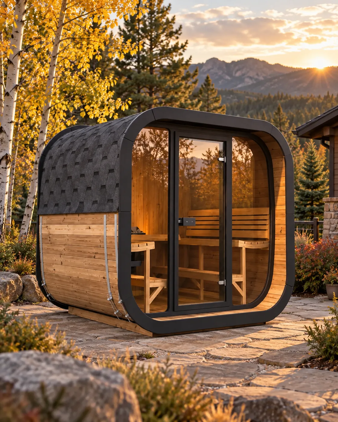 Illustration of a glass-front cube sauna on a flagstone pad among golden aspens and Colorado foothills at sunset