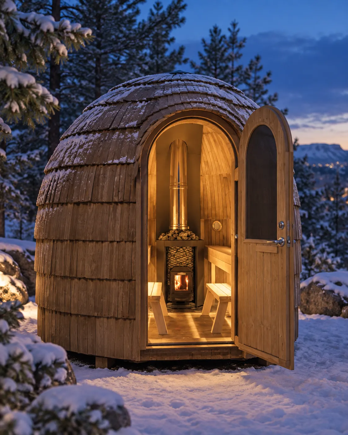 Illustration of a shingled Iglucraft Iglusauna with its door open to a lit wood stove in a snowy backyard at blue hour