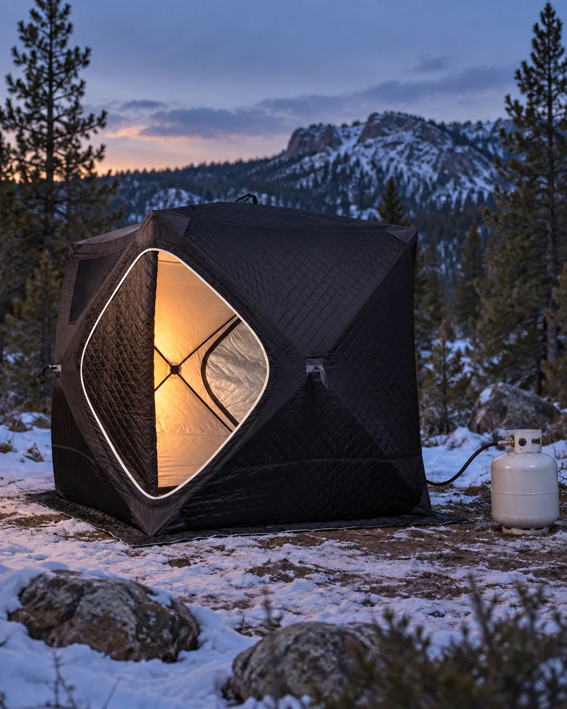 Illustration of the SaunaTrekker quilted black sauna tent glowing at a snowy mountain campsite with a propane tank beside it